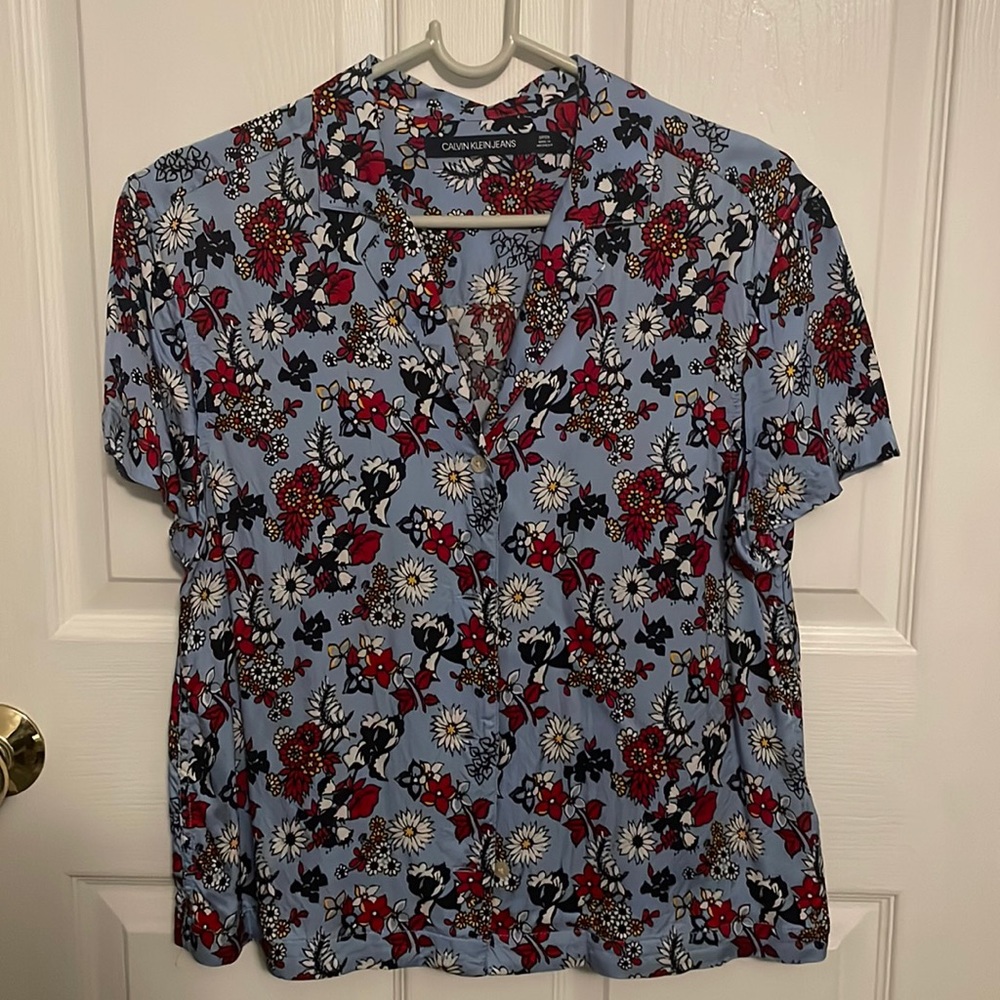 Calvin Kline Light Blue Button Down Blouse with Red and White Flowers
